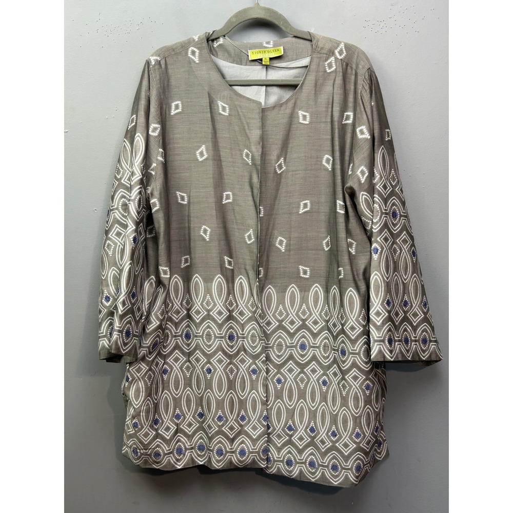 Sigrid Olsen Signature Jacket Women's XL Silk Blend Gray Geometric Print Kimono